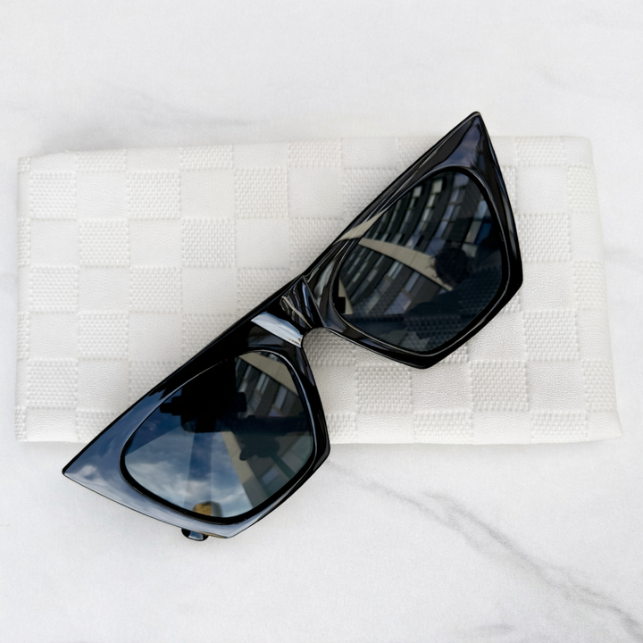 Black Cat-Eye Sunglasses with White Faux Leather Case