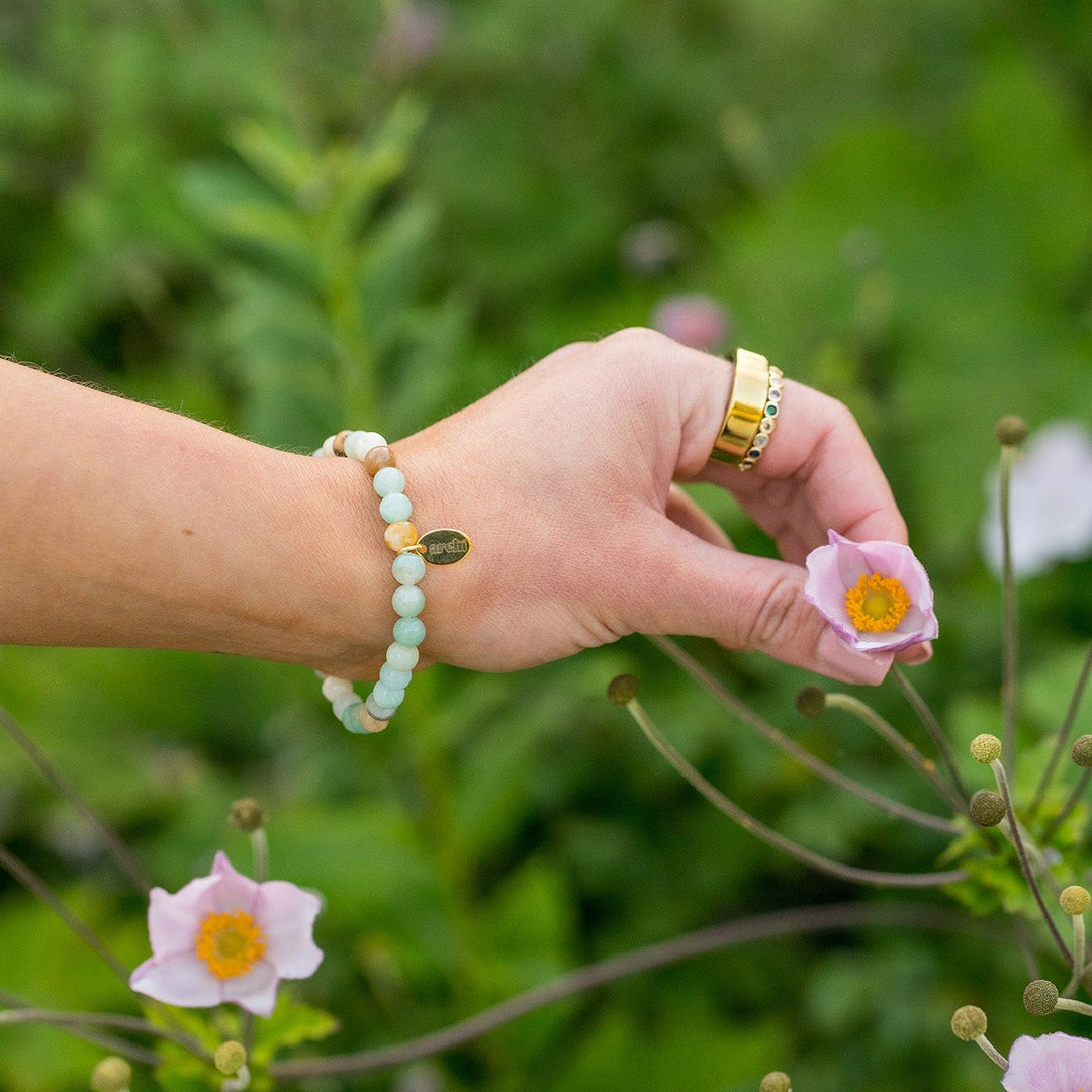 A detailed shot showing the unique variations in each Amazonite bead, highlighting its natural beauty.